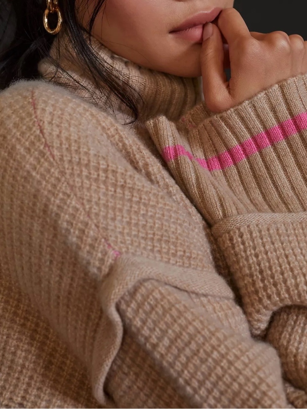 Pilcro Beige Turtleneck Sweater with Pink Stripe Detail
